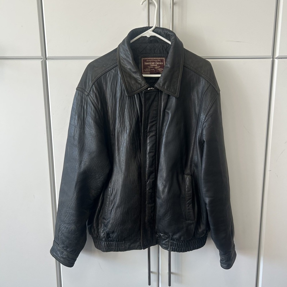 American Classics Colebrook Black Leather Bomber Jacket XL Quilted Lining Zip Up